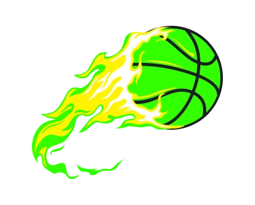 Bola de basquetebol verde néon estilizada com efeitos de chama, representando velocidade, energia e competição.