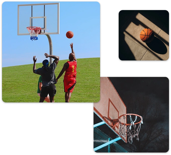 Colagem com ação de basquetebol ao ar livre, uma bola no chão e um cesto numa quadra à noite.